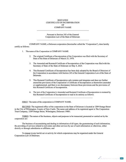 USA Delaware certificate of incorporation Word and PDF template, version 3